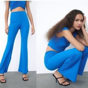 Zara blue stretchy high waisted flare pull on pants Sz S NWT